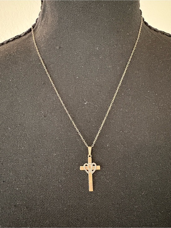 Jewelry - Sterling Silver Cross Necklace with Heart Accent - Silver